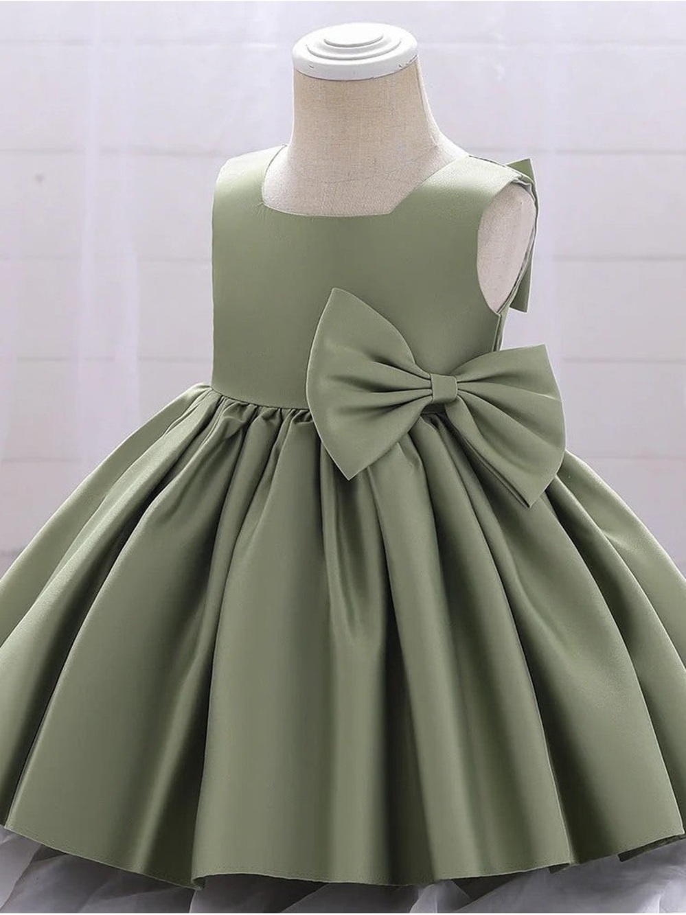 TinyTulle A-Line Sage Green Satin Flower Girl Dress with Bow Details